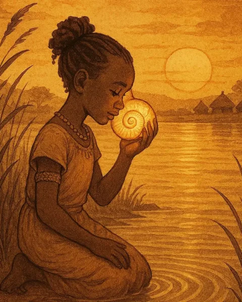 A young Wolof girl kneels beside the Senegal River at sunset, listening to a glowing spiral shell as the water shimmers around her