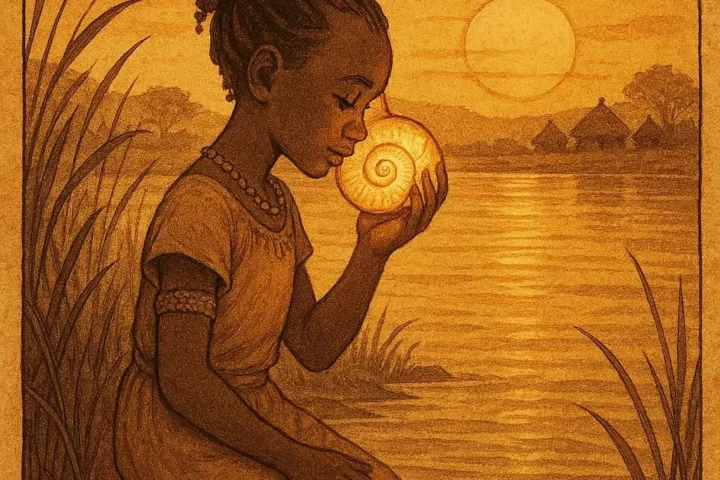A young Wolof girl kneels beside the Senegal River at sunset, listening to a glowing spiral shell as the water shimmers around her