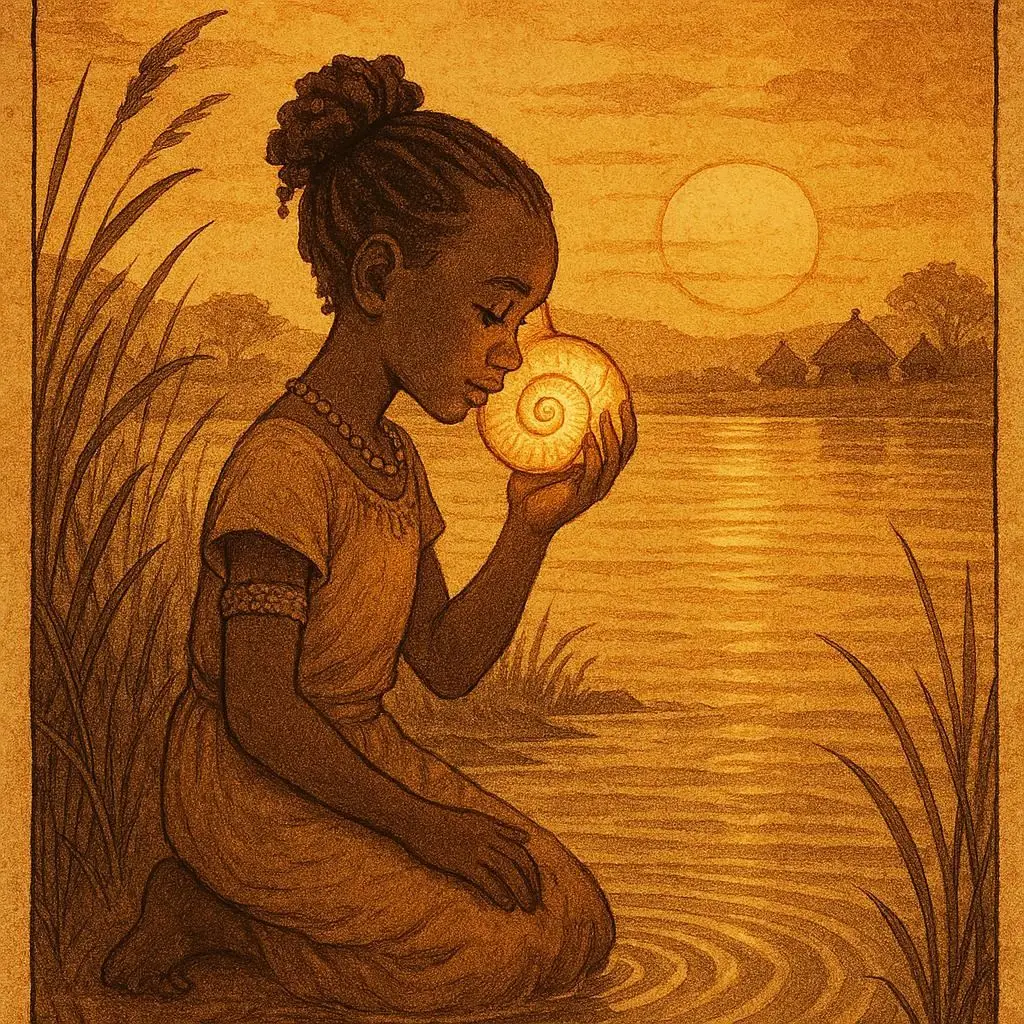 A young Wolof girl kneels beside the Senegal River at sunset, listening to a glowing spiral shell as the water shimmers around her