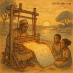 The Weaver Who Wove Dreams – Wolof Folktale | FolktalesAfrica.com  a Wolof weaver by the river weaving a glowing dream-filled cloth at sunrise while children watch