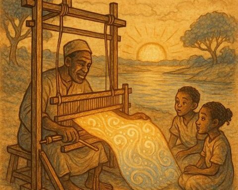 The Weaver Who Wove Dreams – Wolof Folktale | FolktalesAfrica.com  a Wolof weaver by the river weaving a glowing dream-filled cloth at sunrise while children watch