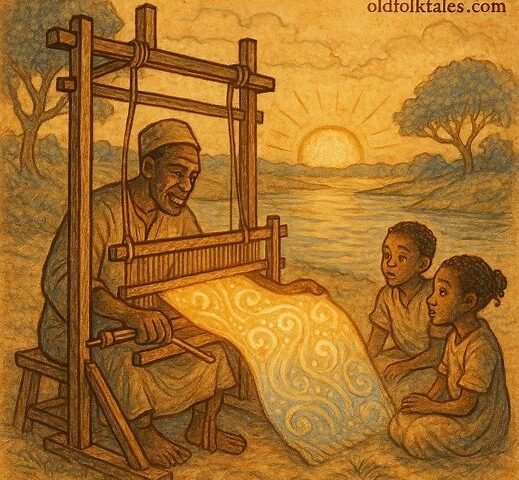 a Wolof weaver by the river weaving a glowing dream-filled cloth at sunrise while children watch