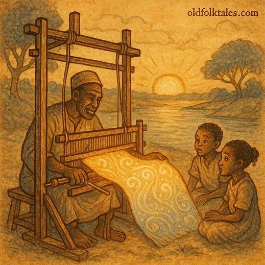 a Wolof weaver by the river weaving a glowing dream-filled cloth at sunrise while children watch