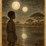 a Serer boy beside a shimmering lake under two glowing moons reflecting in the water, symbolising purity and selflessness