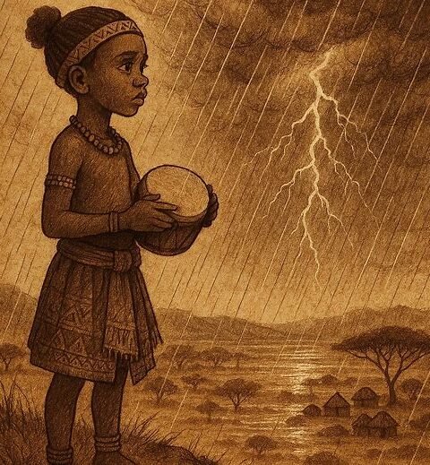 a Zulu girl holding a drum on a hill as rain begins to fall over the savannah, symbolising renewal and sacrifice