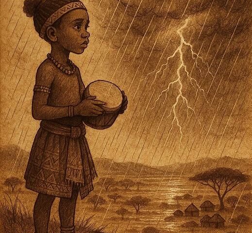 a Zulu girl holding a drum on a hill as rain begins to fall over the savannah, symbolising renewal and sacrifice