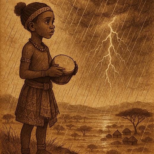 a Zulu girl holding a drum on a hill as rain begins to fall over the savannah, symbolising renewal and sacrifice