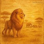 The Lion Who Forgot His Roar — A Sotho Folktale of Pride and Redemption | FolktalesAfrica.com  A majestic lion stands on the golden plains of South Africa at sunset, watching other animals live peacefully together