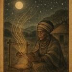 An elderly Xhosa woman weaves outside her hut at night, her golden threads glowing and rising into the starry sky above the hills