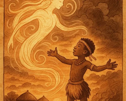 A young Zulu boy stands on a grassy hill with his arms outstretched as swirling winds form the shape of a glowing spirit around him