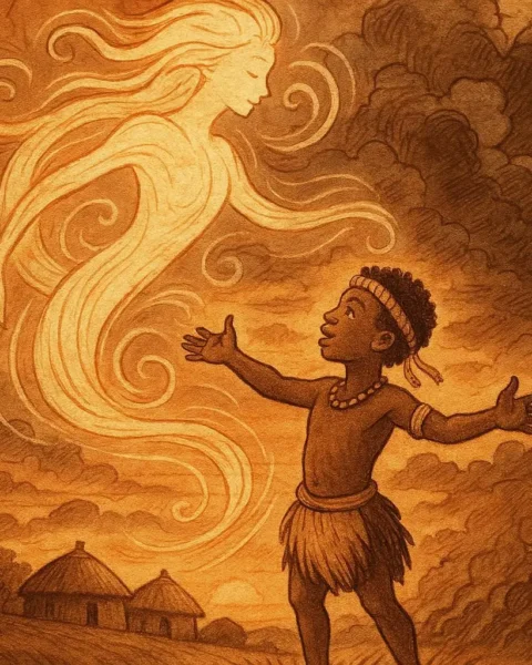 A young Zulu boy stands on a grassy hill with his arms outstretched as swirling winds form the shape of a glowing spirit around him