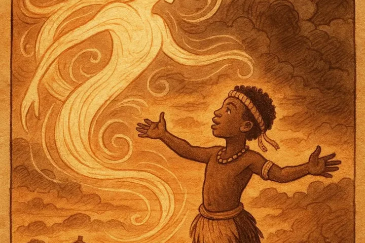 A young Zulu boy stands on a grassy hill with his arms outstretched as swirling winds form the shape of a glowing spirit around him