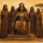 An illustration of Queen Araweelo ruling over men in Somali northern landscape.