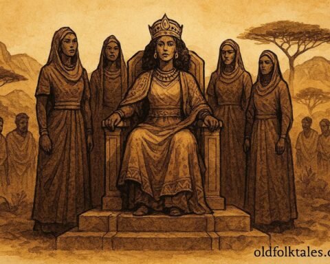 An illustration of Queen Araweelo ruling over men in Somali northern landscape.