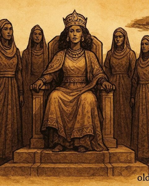 An illustration of Queen Araweelo ruling over men in Somali northern landscape.
