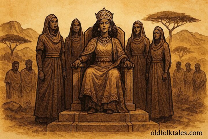 An illustration of Queen Araweelo ruling over men in Somali northern landscape.