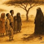 An illustration of Somali children facing disguised ogress with strange shadow in bush.