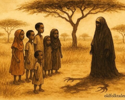 An illustration of Somali children facing disguised ogress with strange shadow in bush.