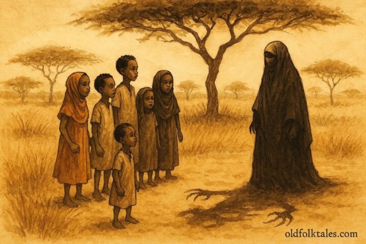 An illustration of Somali children facing disguised ogress with strange shadow in bush.
