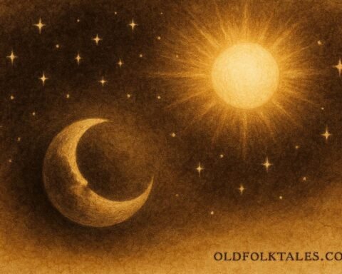 An illustration of moon retreating from sun and stars in Gabonese sky myth.