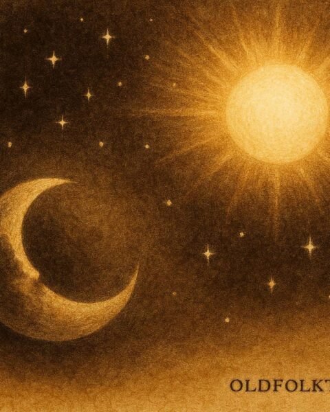An illustration of moon retreating from sun and stars in Gabonese sky myth.