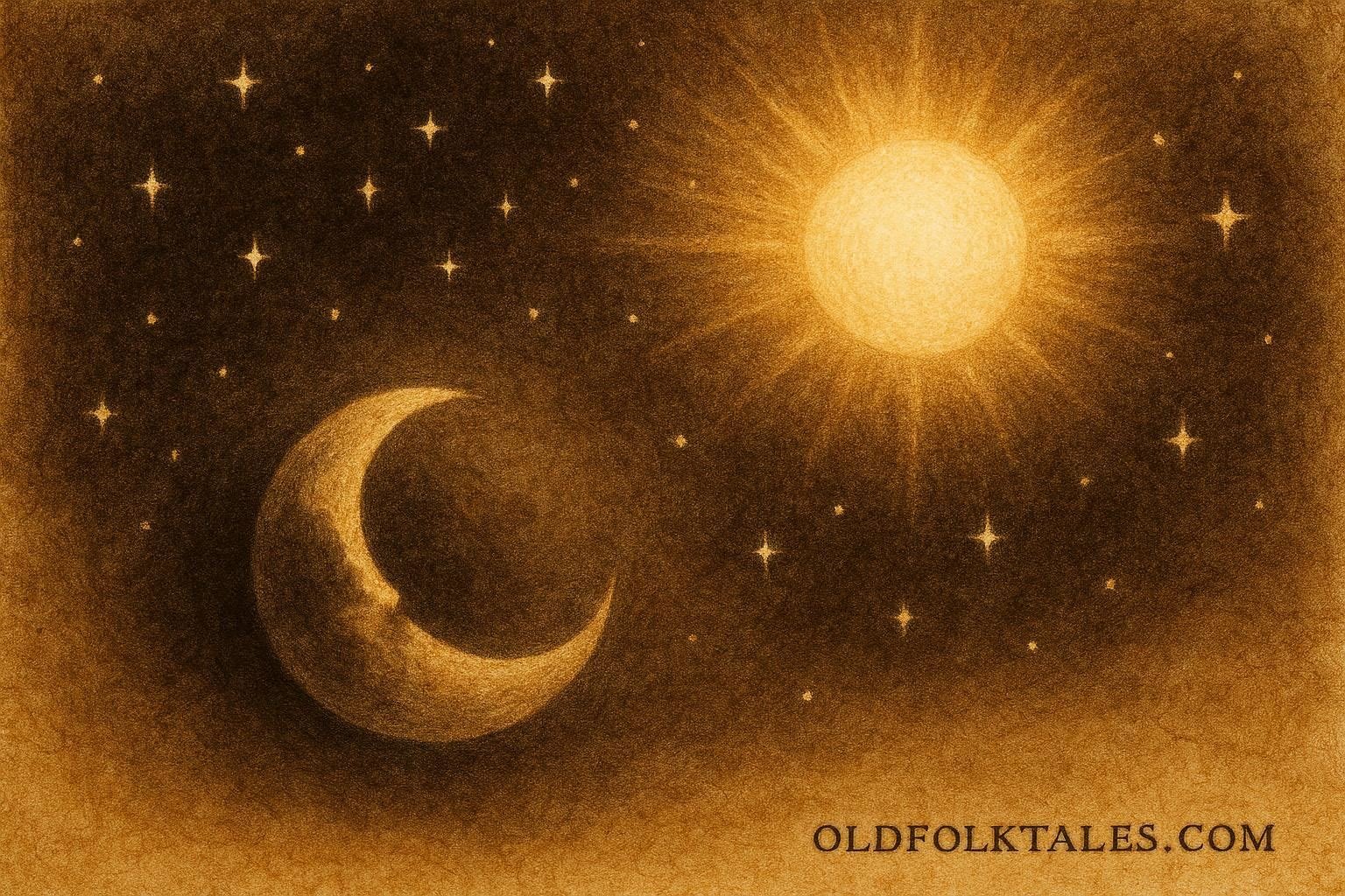 An illustration of moon retreating from sun and stars in Gabonese sky myth.
