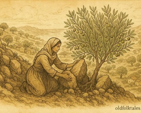 An illustration of woman nurturing olive tree in Algerian hillside village setting.