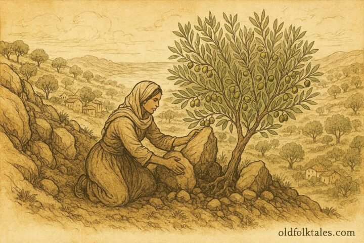 An illustration of woman nurturing olive tree in Algerian hillside village setting.