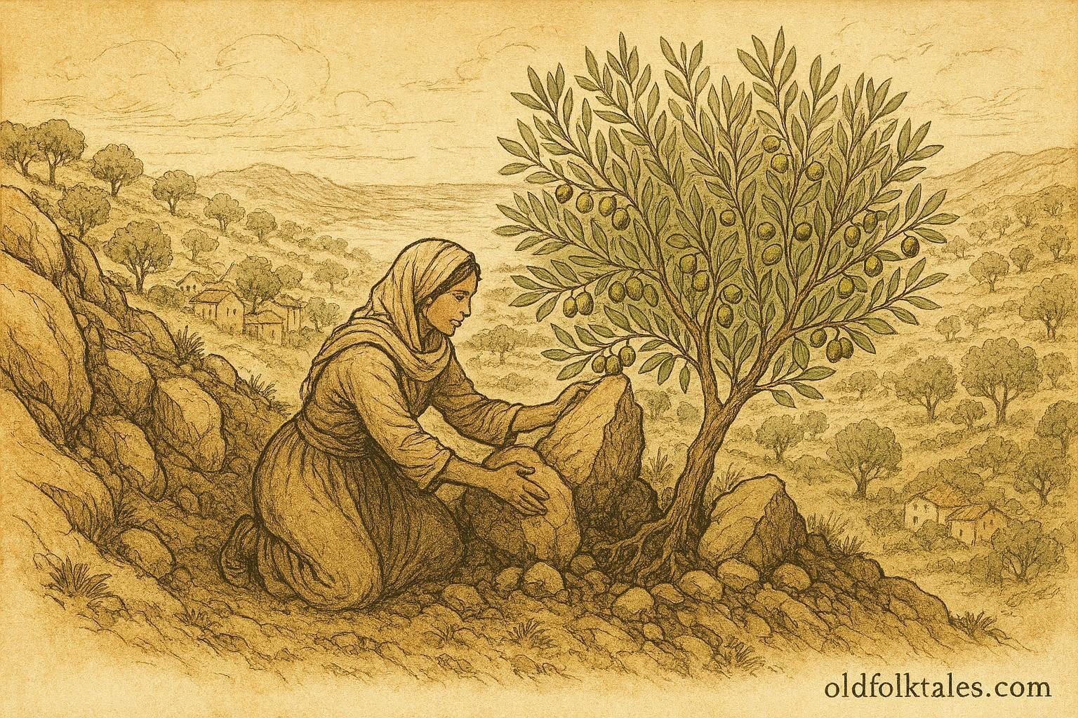 An illustration of woman nurturing olive tree in Algerian hillside village setting.