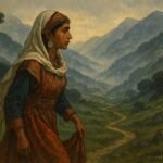 A young Kabyle woman walking through mountains representing fate, endurance, and destiny in an Algerian folktale