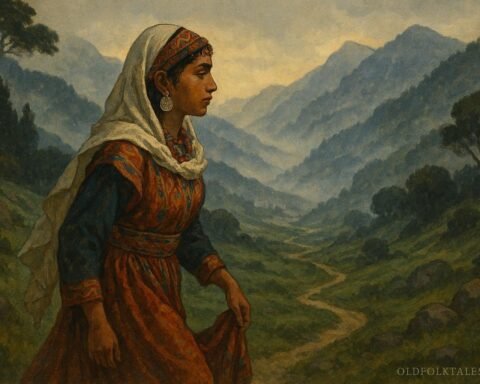 A young Kabyle woman walking through mountains representing fate, endurance, and destiny in an Algerian folktale