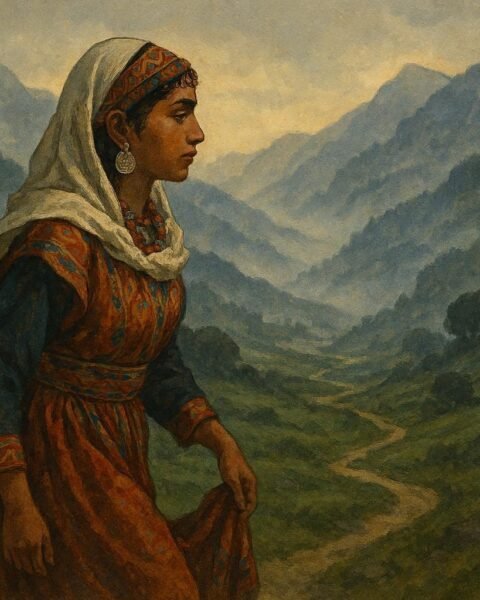 A young Kabyle woman walking through mountains representing fate, endurance, and destiny in an Algerian folktale