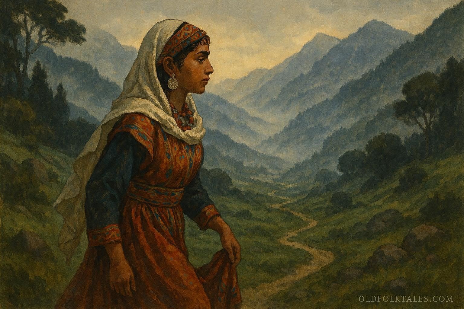 A young Kabyle woman walking through mountains representing fate, endurance, and destiny in an Algerian folktale