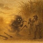 An artwork of Mauritian cane field spirit Manza confusing plantation workers at dusk.