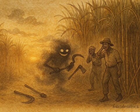An artwork of Mauritian cane field spirit Manza confusing plantation workers at dusk.