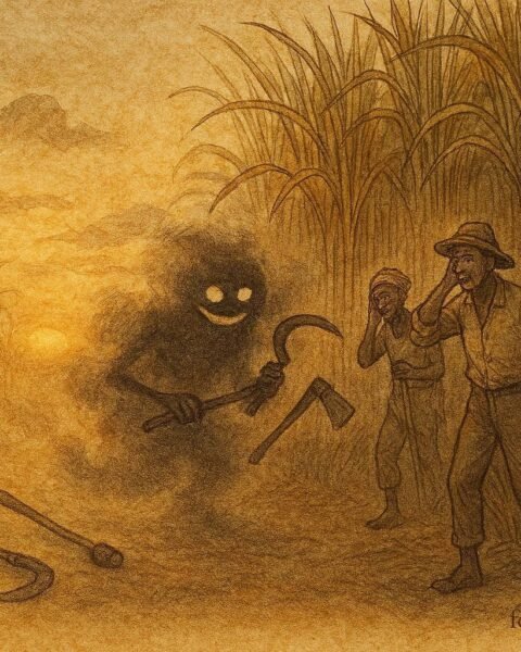 An artwork of Mauritian cane field spirit Manza confusing plantation workers at dusk.