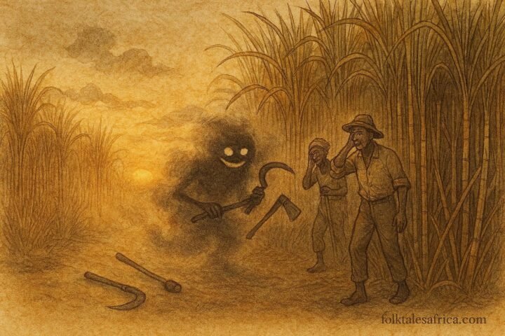 An artwork of Mauritian cane field spirit Manza confusing plantation workers at dusk.