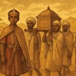 A young Ethiopian prince traveling with companions carrying a sacred object across a vast landscape