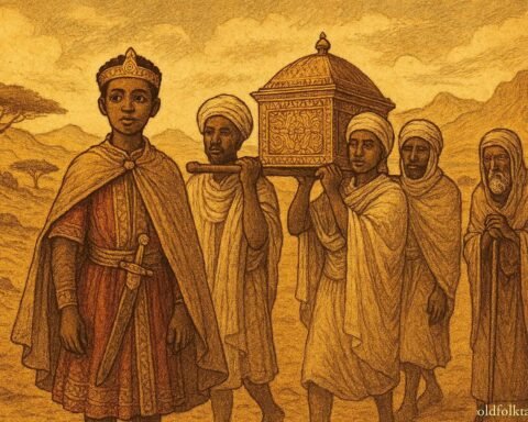 A young Ethiopian prince traveling with companions carrying a sacred object across a vast landscape