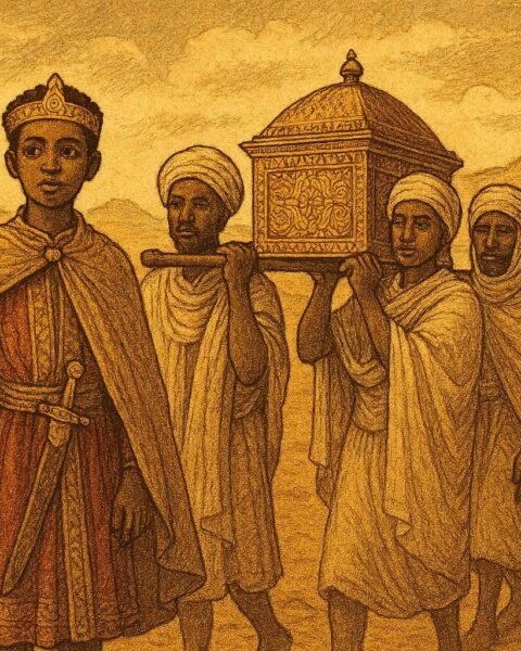 A young Ethiopian prince traveling with companions carrying a sacred object across a vast landscape