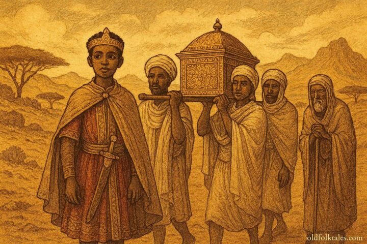 A young Ethiopian prince traveling with companions carrying a sacred object across a vast landscape