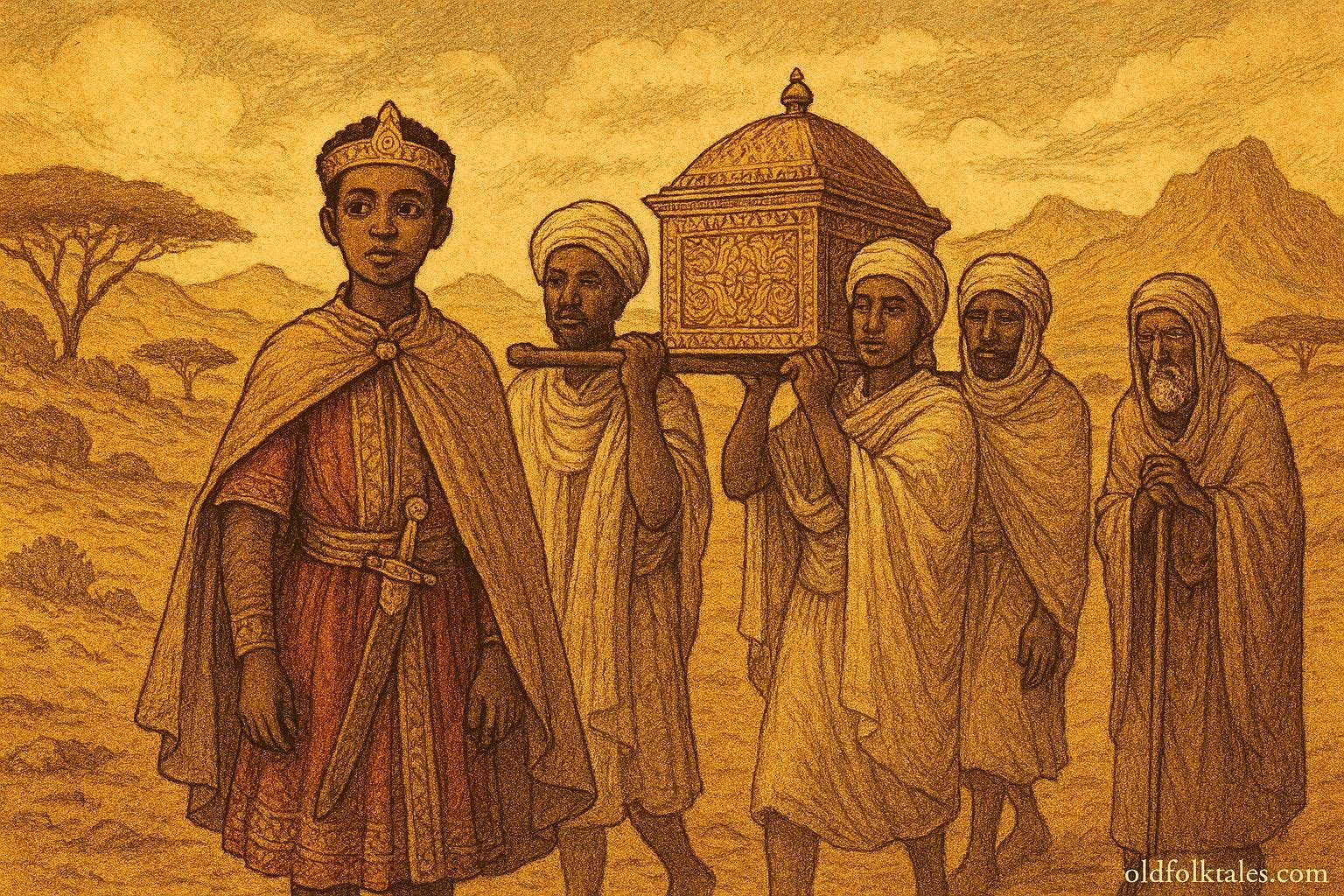 A young Ethiopian prince traveling with companions carrying a sacred object across a vast landscape