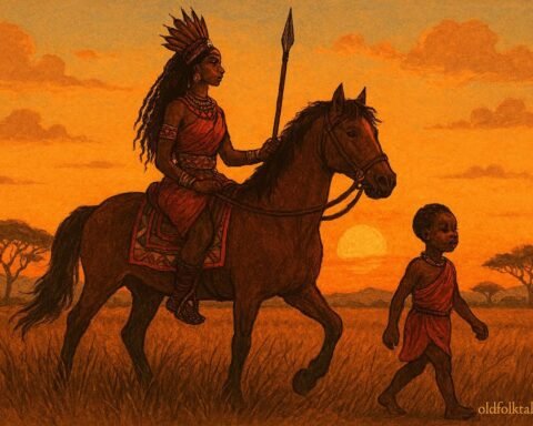 A warrior princess and her child traveling across the savannah in a Mossi origin story