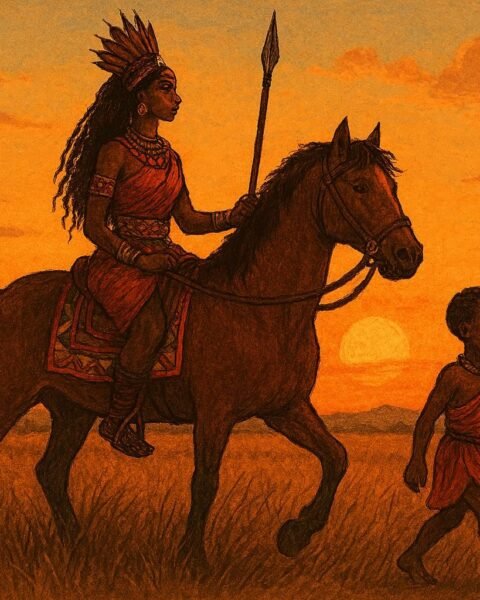 A warrior princess and her child traveling across the savannah in a Mossi origin story