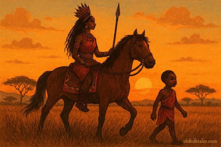 A warrior princess and her child traveling across the savannah in a Mossi origin story