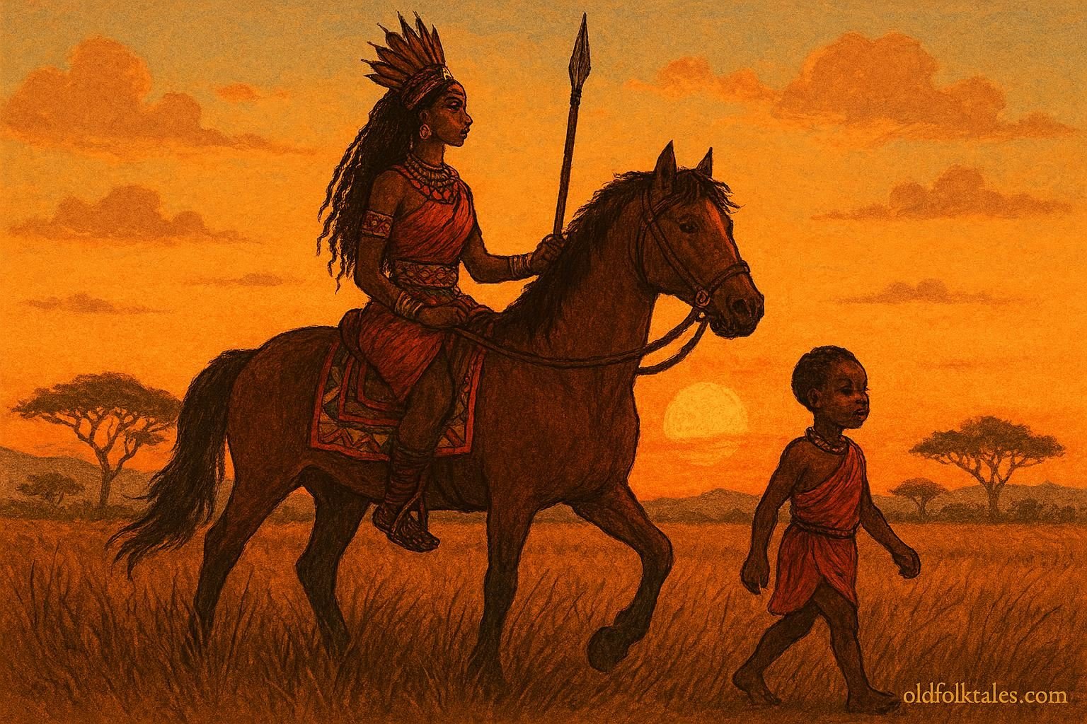 A warrior princess and her child traveling across the savannah in a Mossi origin story