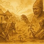 illustration of Sakpata punishing a Fon village with tremors and illness, Benin folktale scene