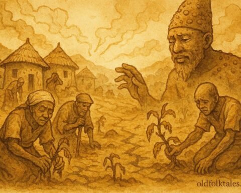 illustration of Sakpata punishing a Fon village with tremors and illness, Benin folktale scene