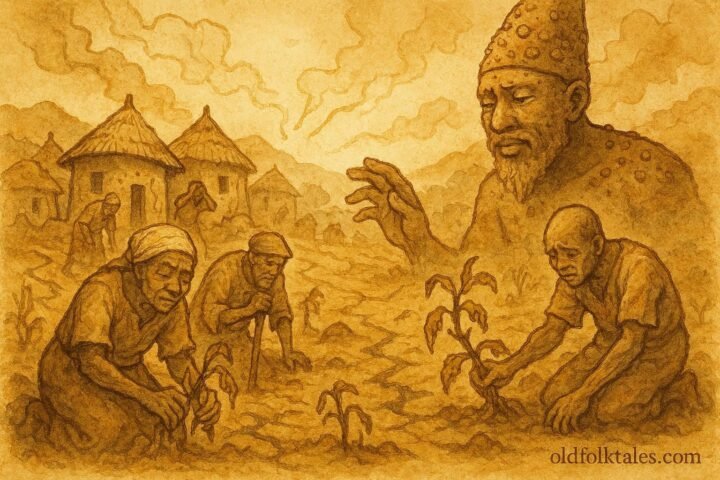 illustration of Sakpata punishing a Fon village with tremors and illness, Benin folktale scene