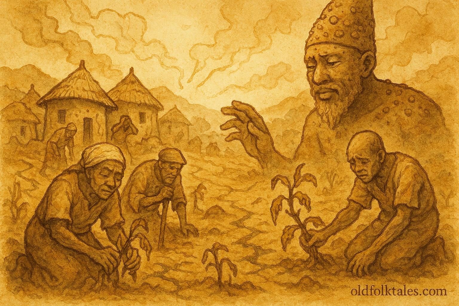 illustration of Sakpata punishing a Fon village with tremors and illness, Benin folktale scene